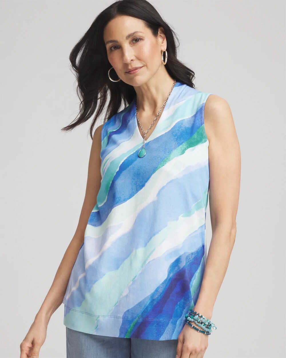【Cider】miami Vネック ストライプ トップス Ocean Pima Sleeveless V-Neck Tunic | Chico's